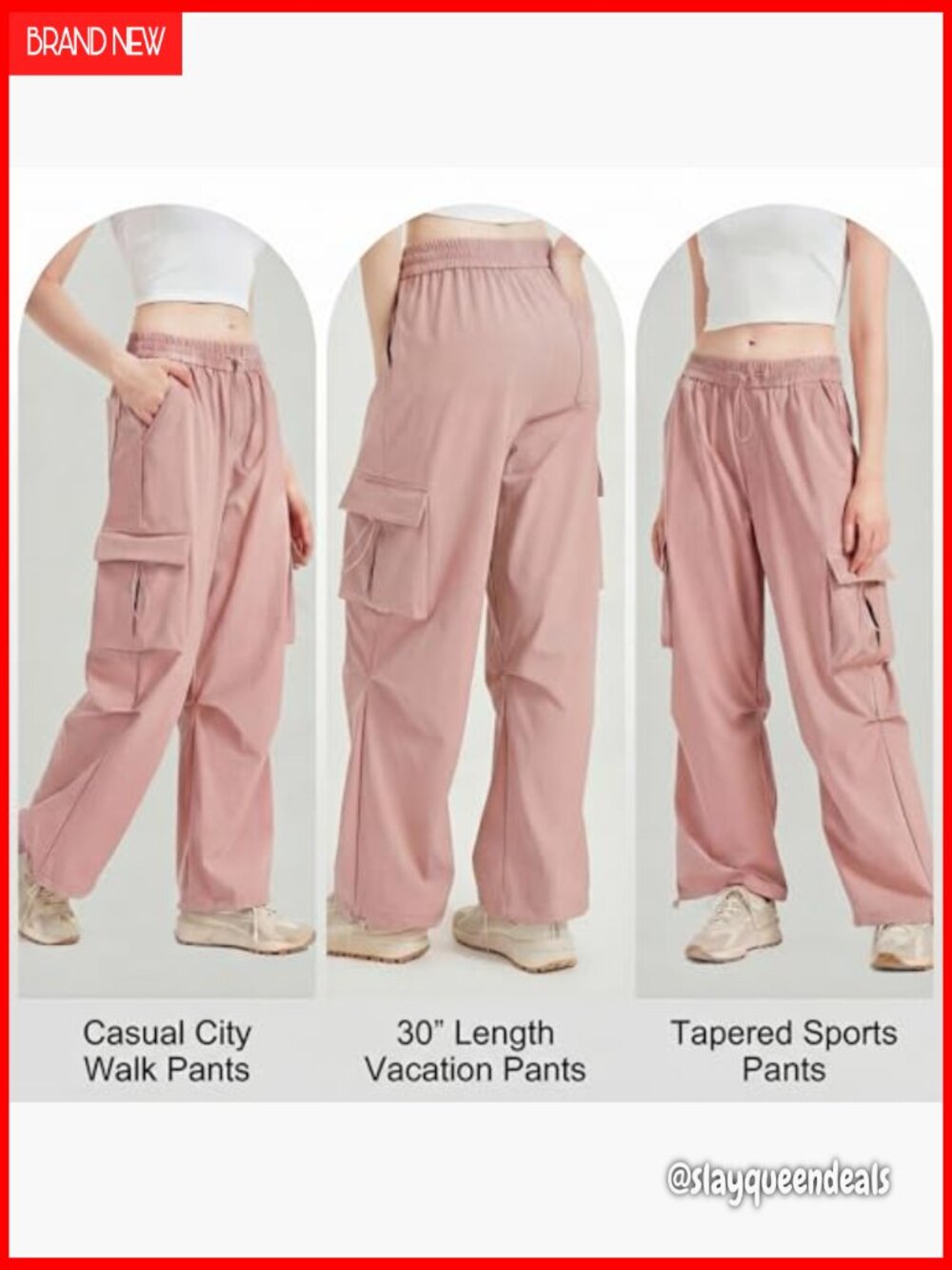 Wide Leg Cargo Pants with 5 Pockets, Waterproof Stretch Fabric, Elastic Waist - Picture 3 of 7